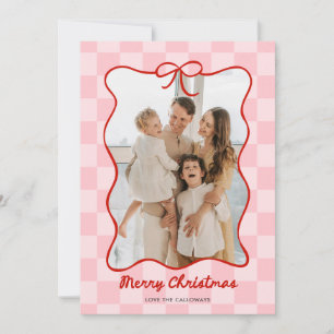 Hand Drawn Red Bow Frame Chequered Photo Holiday Card