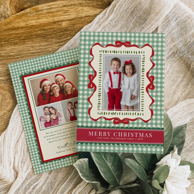 Hand Drawn Red Bow Green Plaid Christmas Photo Holiday Card (Creator Uploaded)