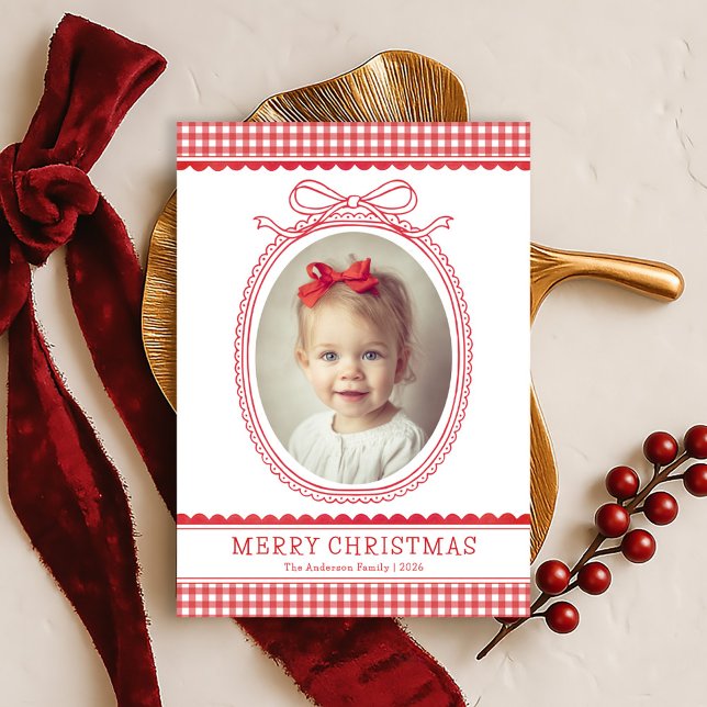 Hand-Drawn Red Bow Ribbon Christmas Holiday Photo Card (Creator Uploaded)