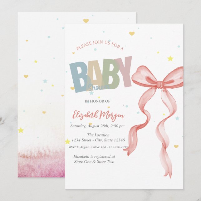 Hand Drawn Red Bow Stars Hearts Baby Shower Invitation (Front/Back)