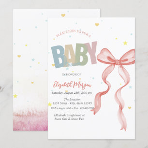 Hand Drawn Red Bow Stars Hearts Baby Shower Invitation