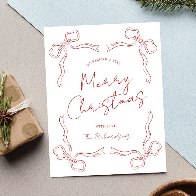 Hand Drawn Red Bow Whimsical Unique Christmas Holiday Card (Create unique holiday cards with this hand drawn bow whimsical style greeting card in red & white)
