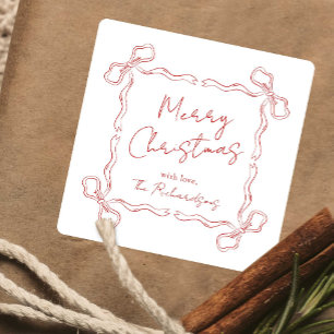 Hand Drawn Red Bow Whimsical Unique Christmas Square Sticker