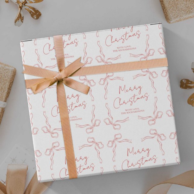 Hand Drawn Red Bow Whimsical Unique Christmas Wrapping Paper (Add your name or custom text to make your personalized gift wrapping paper)