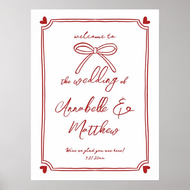 Hand Drawn Red Bow Whimsical Wedding Welcome Sign (Front)