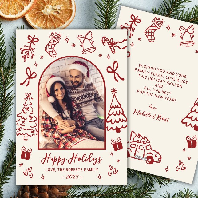 Hand-Drawn Red Doodle Arch Photo Christmas Happy  Holiday Card (Creator Uploaded)