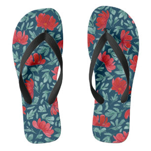 Hand drawn red flowers on blue background flip flops