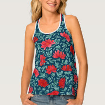 Hand drawn red flowers on blue background tank top