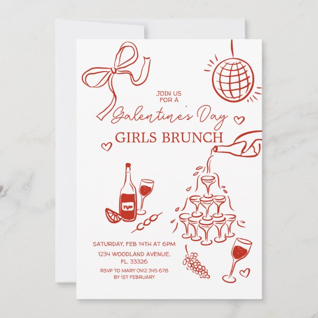 Hand-Drawn Red Galentine's Day Girls Brunch Invitation (Front)