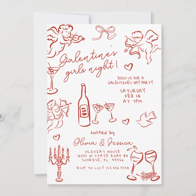 Hand Drawn Red Galentine's Girls Night Party  Invitation (Front)
