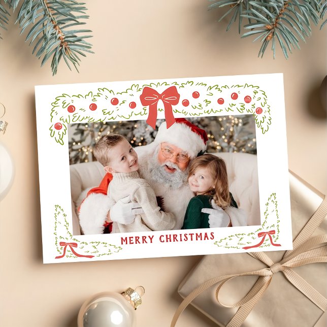 Hand Drawn Red Green Bow Christmas Holiday Card (Creator Uploaded)