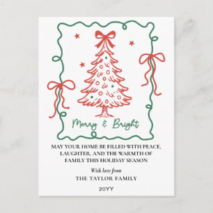 Hand Drawn Red Green Bows Frame Christmas Holiday Postcard