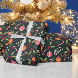 Hand Drawn Red Green floral pattern Wrapping Paper