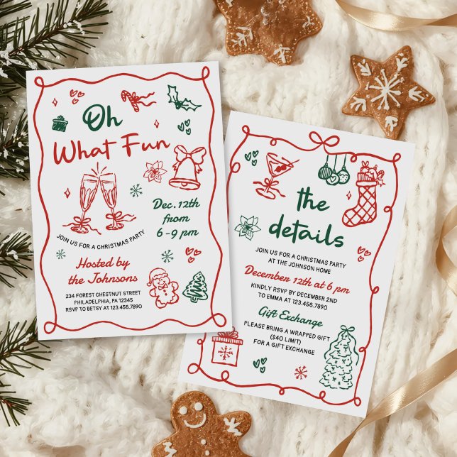 Hand Drawn Red & Green Modern Christmas Party Invitation (Creator Uploaded)