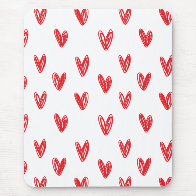 Hand Drawn Red Hearts Pattern – Minimal Valentine Mouse Mat (Front)