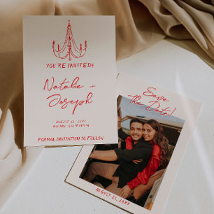 Hand Drawn Red Old Money Retro Photo Wedding Save The Date