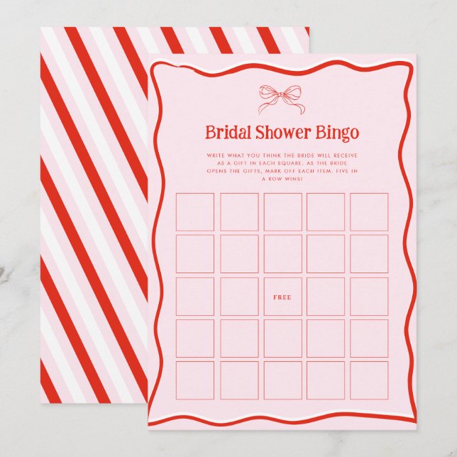 Hand Drawn Red Pink Bow Bridal Shower Bingo Game Invitation (Front/Back)