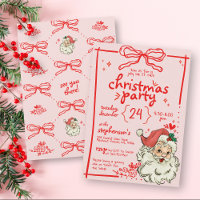 Hand Drawn Red Pink Bow Vintage Santa Christmas