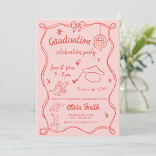 Hand drawn Red Pink Doodle Photo Graduation Party Invitation