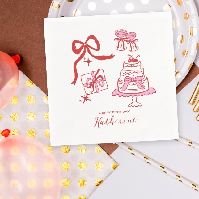 Hand Drawn Red Pink Doodles Birthday Party Napkin (Creator Uploaded)