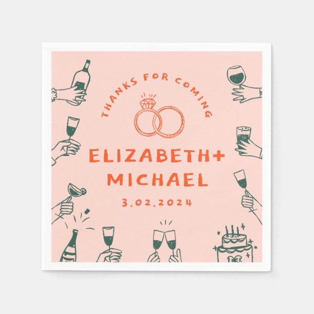 Hand drawn Red  Pink Funky Wedding  Napkin (Front)