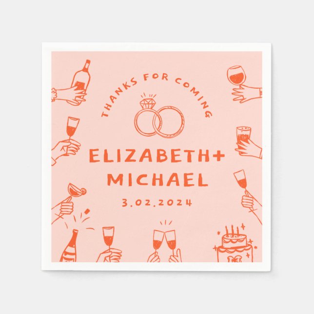 Hand drawn Red  Pink Funky Wedding  Napkin (Front)