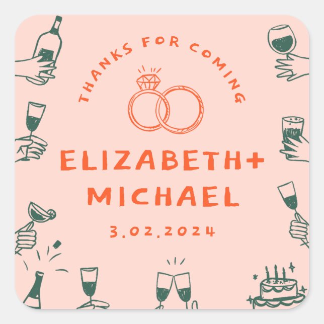 Hand drawn Red  Pink Funky Wedding  Square Sticker (Front)