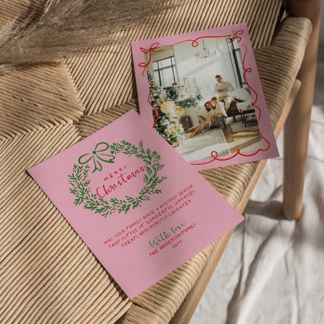  Hand Drawn Red Pink Green Wreath Photo Christmas Holiday Card (Creator Uploaded)
