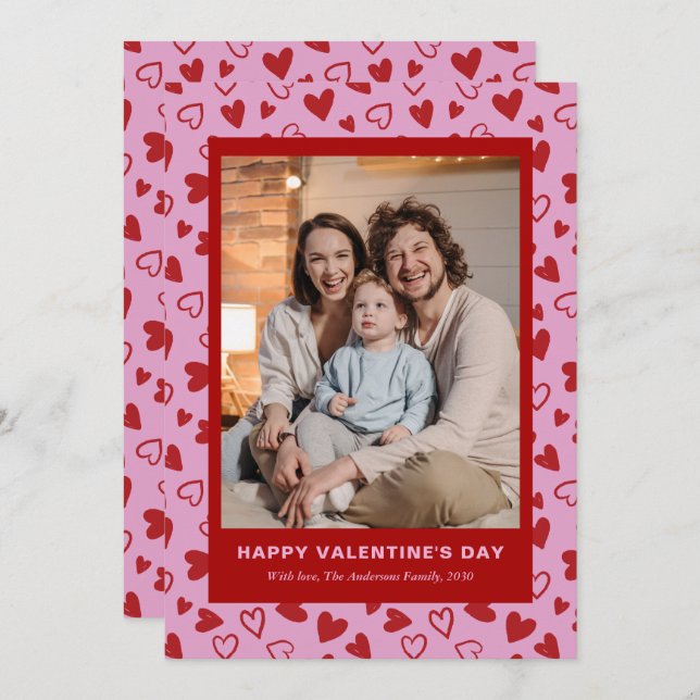 Hand Drawn Red Pink Hearts Photo Valentines Day Holiday Card (Front/Back)
