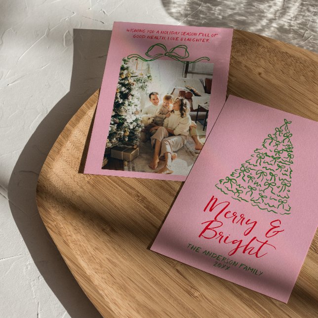 Hand Drawn Red Pink Ribbons Tree Photo Christmas  Holiday Card (Creator Uploaded)