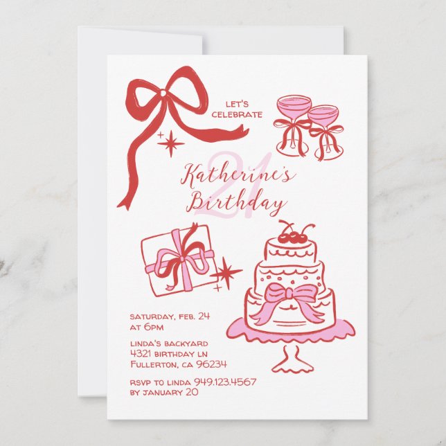 Hand Drawn Red Pink Scribble 21st Birthday Party Invitation (Front)