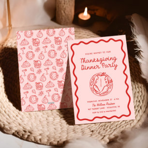 Hand Drawn Red Pink Whimsy Doodle Thanksgiving Holiday Card
