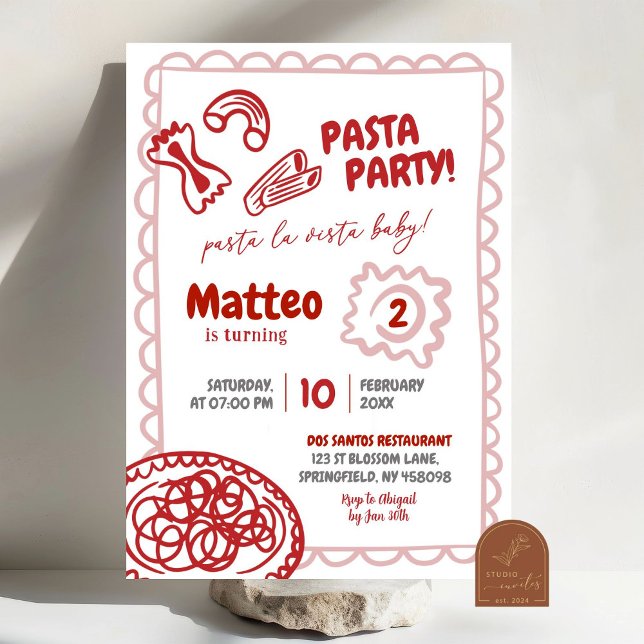 Hand Drawn Red Pizza Pasta Birthday Party Invitation (Creator Uploaded)
