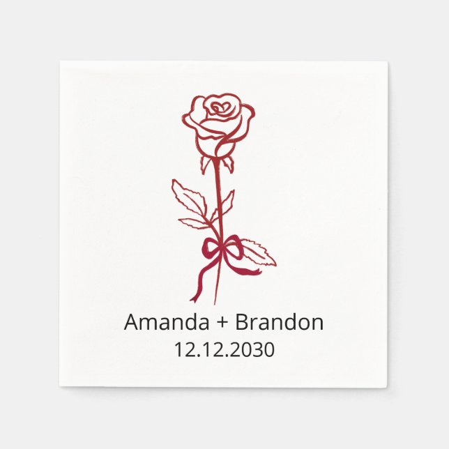 Hand Drawn Red Rose Bow Wedding Napkin (Front)