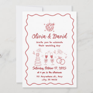 Hand drawn red squiggly lines wedding invitation