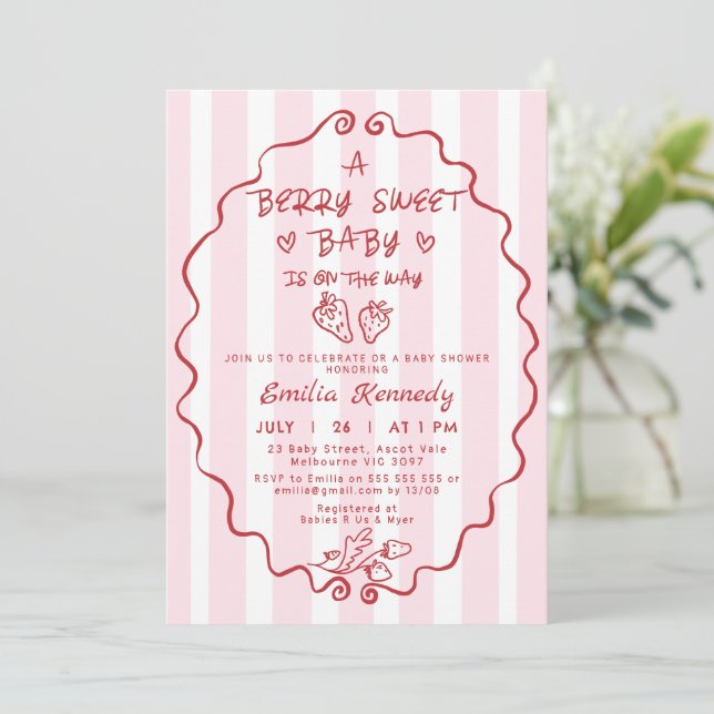 Hand Drawn Red Striped Strawberry Baby Shower Invitation (Standing Front)
