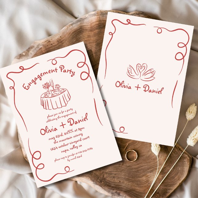 Hand Drawn Red Whimsical Engagement Party Wedding Invitation (Creator Uploaded)