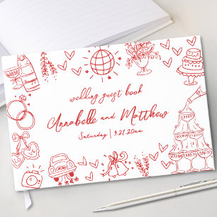 Hand Drawn Red Whimsical Wedding Guest Book