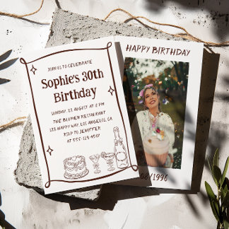 Hand Drawn Red & White 30TH Birthday Photo  Invitation