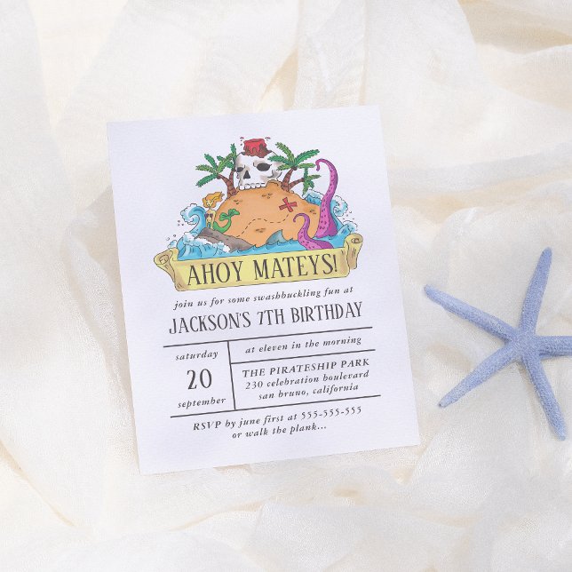 Hand Drawn Red & White Pirate Island Boy Birthday Invitation Postcard (Creator Uploaded)