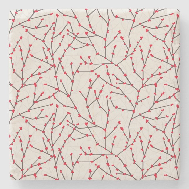 Hand-drawn Red Winterberry Branches Holiday Stone Coaster (Front)