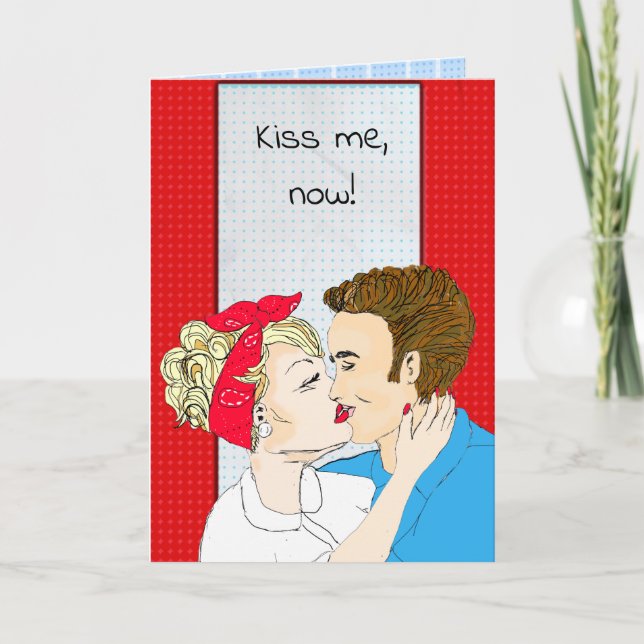 Hand drawn Retro Art Couple's Kiss Me Card (Front)