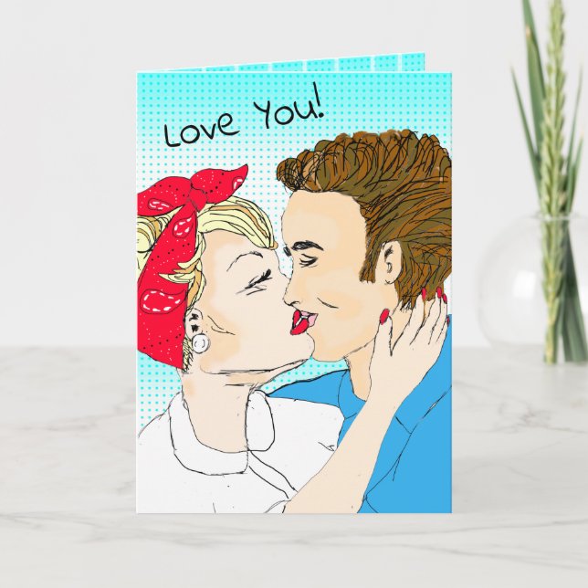Hand drawn Retro Art Couple's Love You Card (Front)