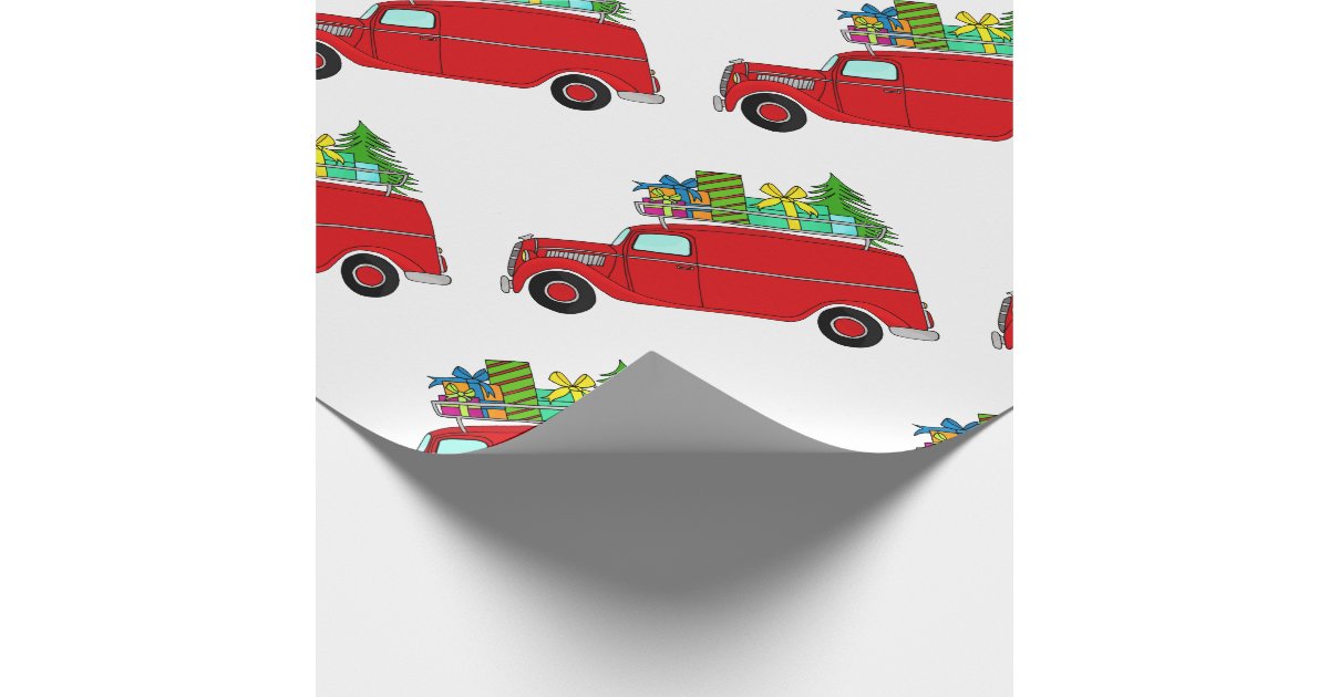Hand drawn retro Christmas car Wrapping Paper | Zazzle