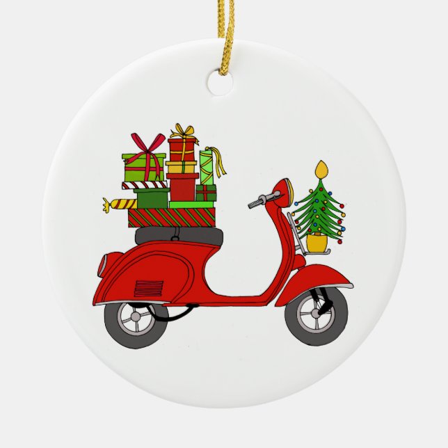 Hand drawn retro christmas scooter with gifts ceramic tree decoration (Front)