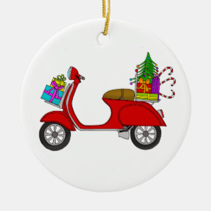 Hand drawn retro christmas scooter with gifts ceramic tree decoration