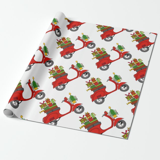 Hand drawn retro Christmas scooter Wrapping Paper (Unrolled)