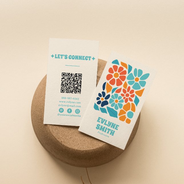Hand Drawn Retro Colourful QR Code Boho Floral Business Card (Creator Uploaded)