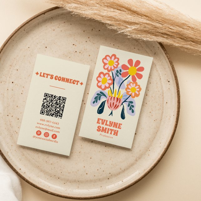Hand Drawn Retro Colourful QR Code Floral Unique Business Card (Creator Uploaded)