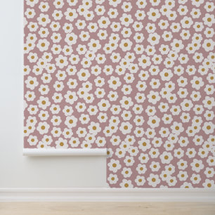 Hand Drawn Retro Dasies Pink Floral Wallpaper
